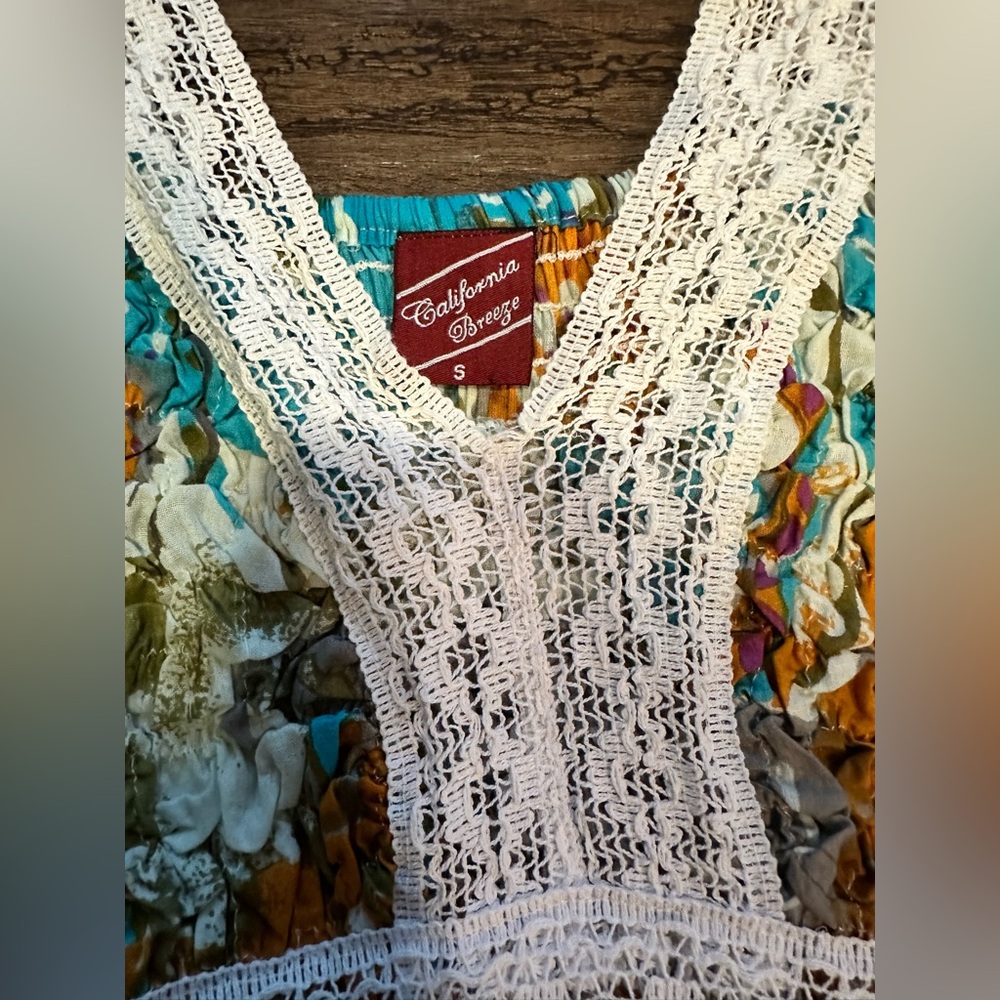 California Breeze Boho Tiered Cotton Dress in White/Multicolor Print. Size S - Picture 8 of 12